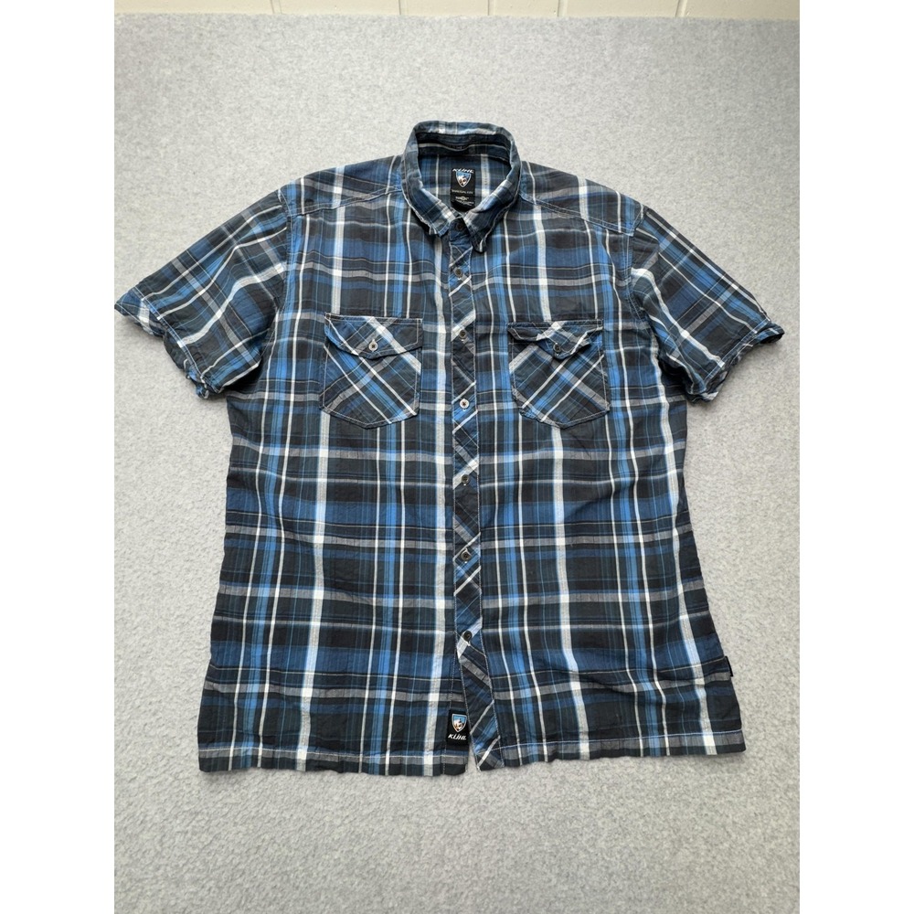 Kuhl Shirt Mens Large Blue Black Plaid Short Sleeve SunceL‎ Tercel Blend Outdoor